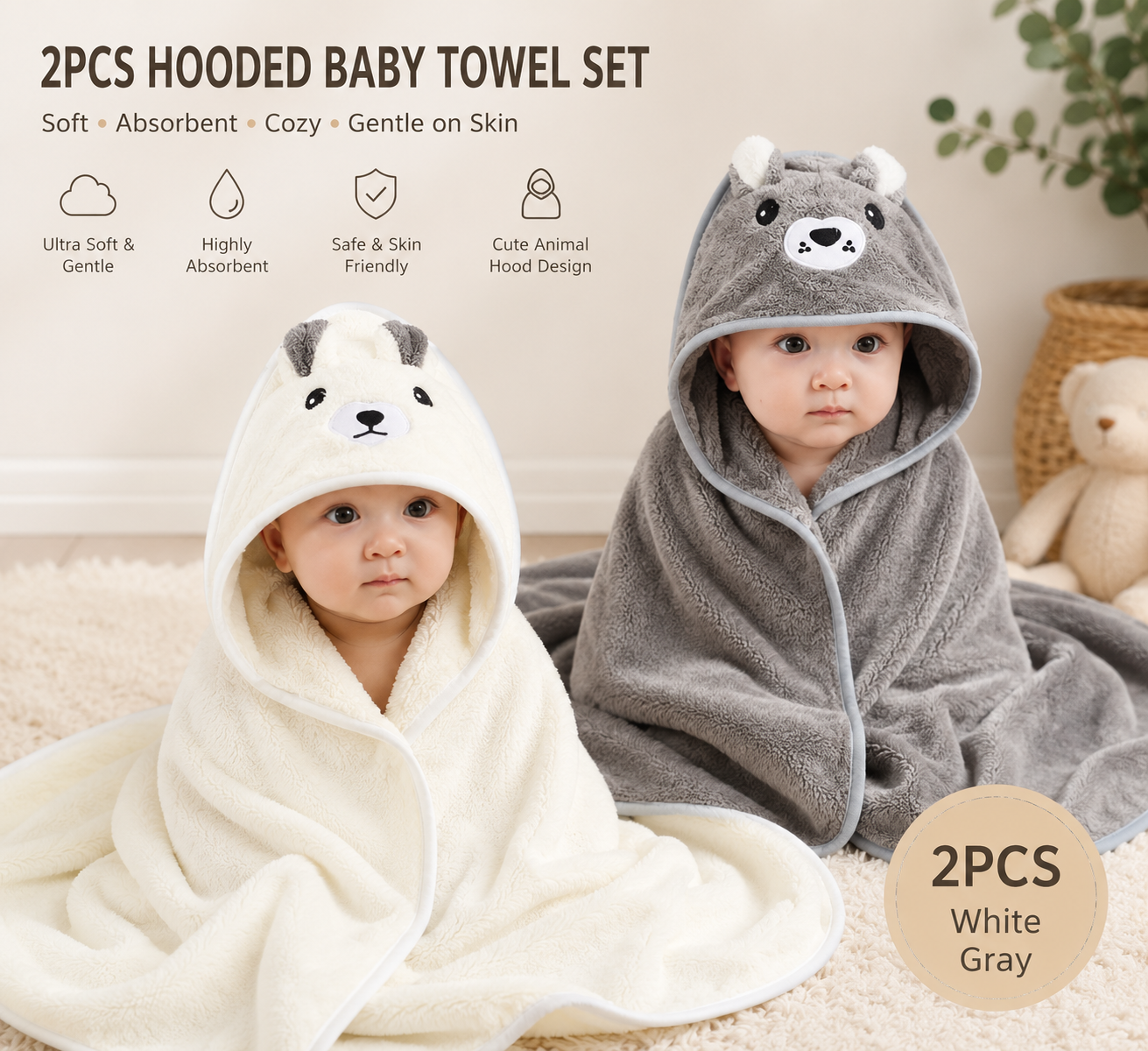2-Piece Hooded Baby Bath Towel Set
