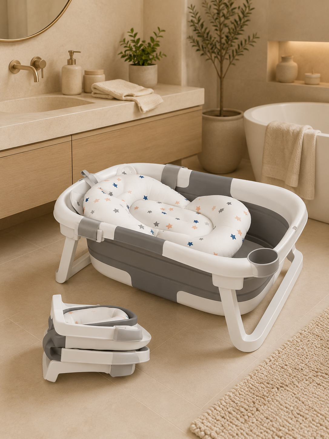 Foldable Baby Bath Tub with Support Cushion