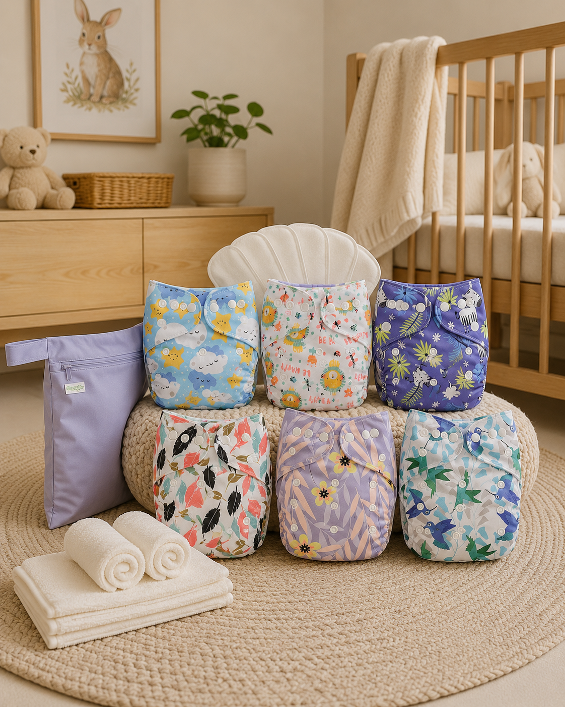 Eco Reusable Cloth Nappy Set – 6 Pack with Bamboo Inserts & Wet Bag