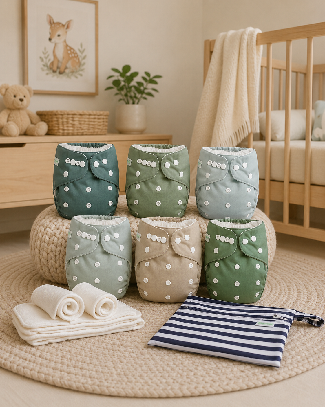 Reusable Cloth Nappy Set – 6 Pack with Inserts & Wet Bag